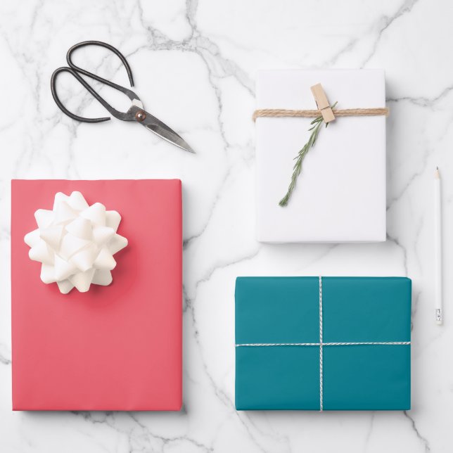 Trendy Xmas Rosa Aquamarines, weißes, solides Farb Geschenkpapier Set (Vorderseite)