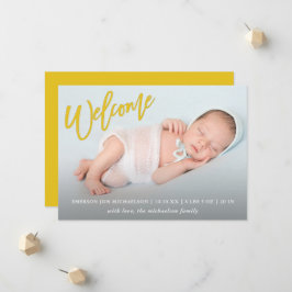 Trendy Yellow Begrüßungsschrift mit Foto Baby Birt Ankündigung