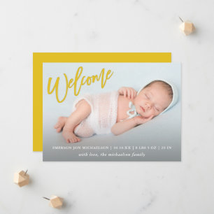 Trendy Yellow Begrüßungsschrift mit Foto Baby Birt Ankündigung