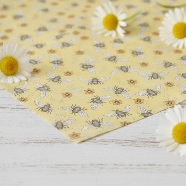 Trendy Yellow Buzzing Spring & Summer Honeybee Seidenpapier (Fun Modern Floral Bee Tissue Paper. Yellow & Black Honey Bees & Daisy Flowers Vintage Insect Pattern)