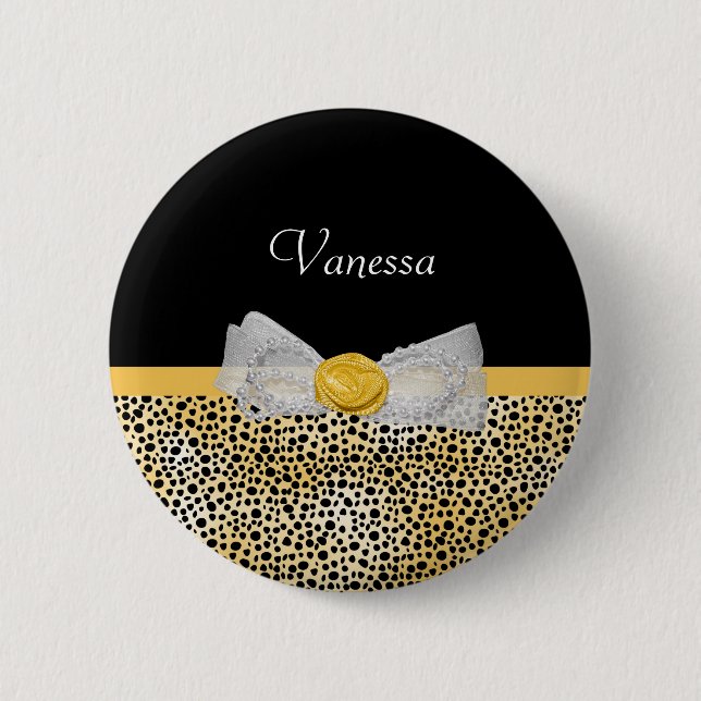 Trendy Yellow Cheetah Print Extravagant Bow and Na Button (Vorderseite)