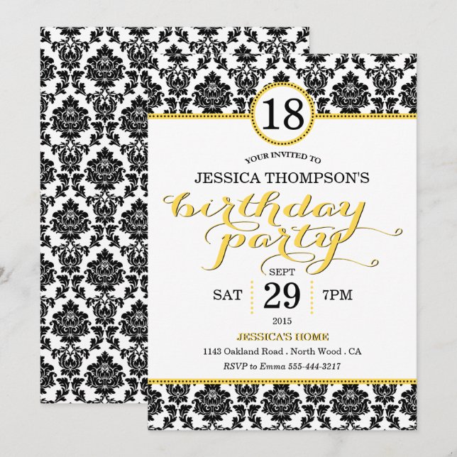 Trendy Yellow Damask Geburtstagsparty Einladungen (Vorne/Hinten)
