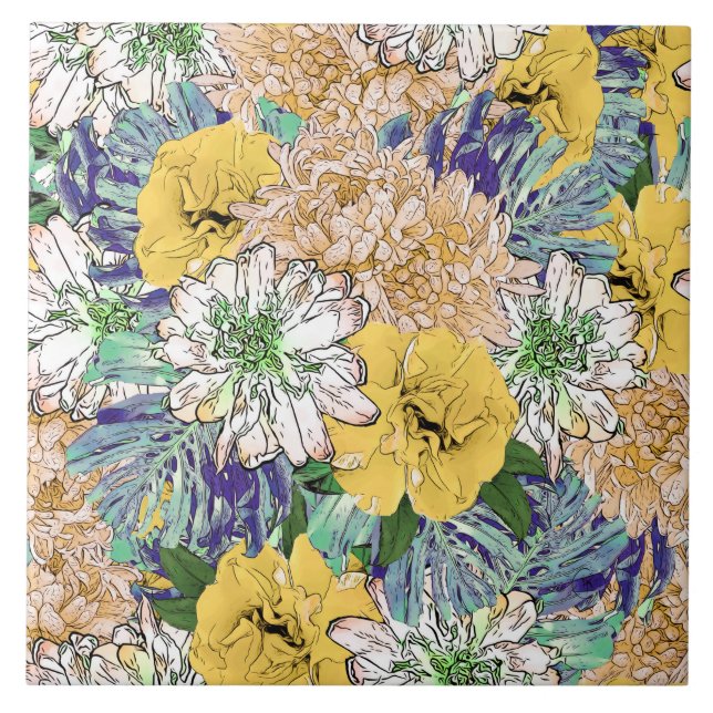 Trendy Yellow & Green Floral Girly Illustration Fliese (Vorderseite)
