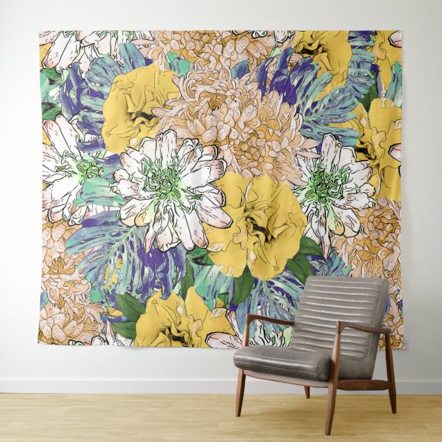 Trendy Yellow & Green Floral Girly Illustration Wandteppich (Beispiel (Horizontal))