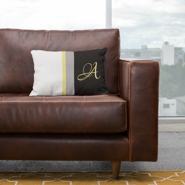 Trendy Yellow Monogram Grau Black Stripes Lendenkissen (Von Creator hochgeladen)