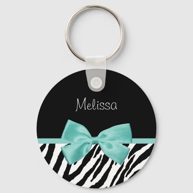Trendy Zebra Print Aqua Mint Band mit Namen Schlüsselanhänger (Vorderseite)