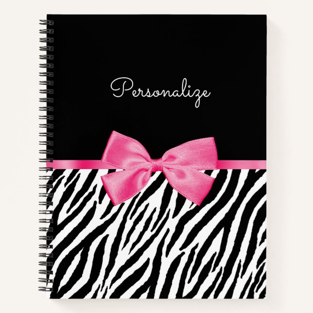 Trendy Zebra Print Chic Hot Pink Bow und Name Notizbuch (Vorderseite)