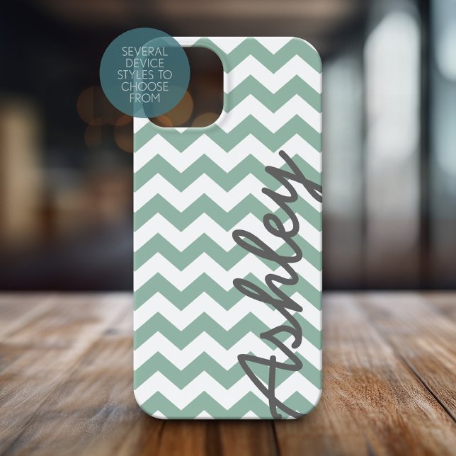 Trendy Zickzack Pattern script name - mint grau iPhone 16 Plus Hülle (Personalized Phone Case with Chevrons and Custom Name)