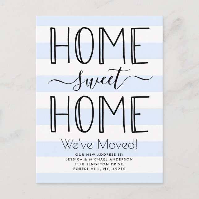 Trendy Zuhause Sweet Zuhause Typografy Blue Moving Ankündigungspostkarte (Vorderseite)