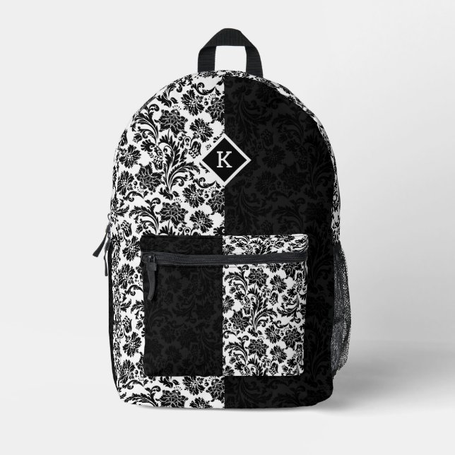 Trennbildschirm Schwarz-Weiß-Damast-Muster Bedruckter Rucksack (Vorderseite)
