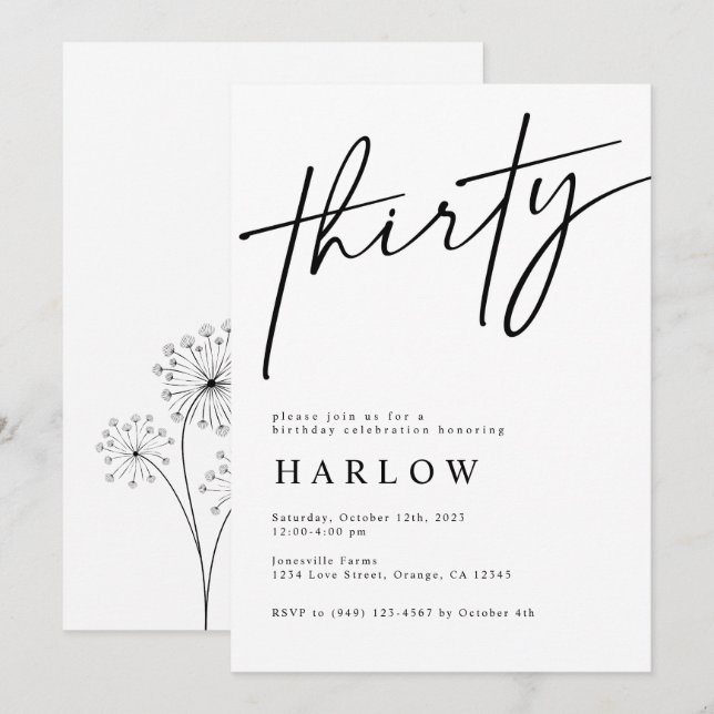 Trente Invitation d'anniversaire noir et blanc (Devant / Derrière)