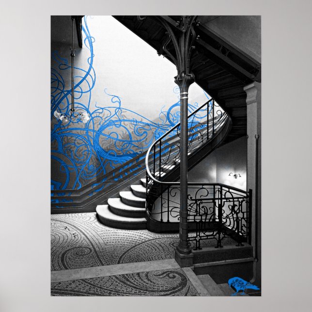 Treppe schwarz-weiß Art Déco mit Blau Poster (Vorne)
