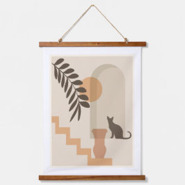 Treppen-Blatt-Vase Katze, Boho-Abstract-Geometrisc Wandteppich Mit Holzrahmen