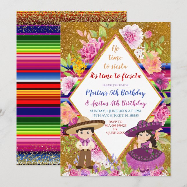 Tres Anos Lila Mexican Fiesta Kindergeburtstag Einladung (Vorne/Hinten)