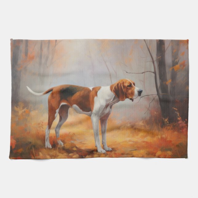 Treten Walker Coonhound im Herbst Leaves Fall Geschirrtuch (Horizontal)
