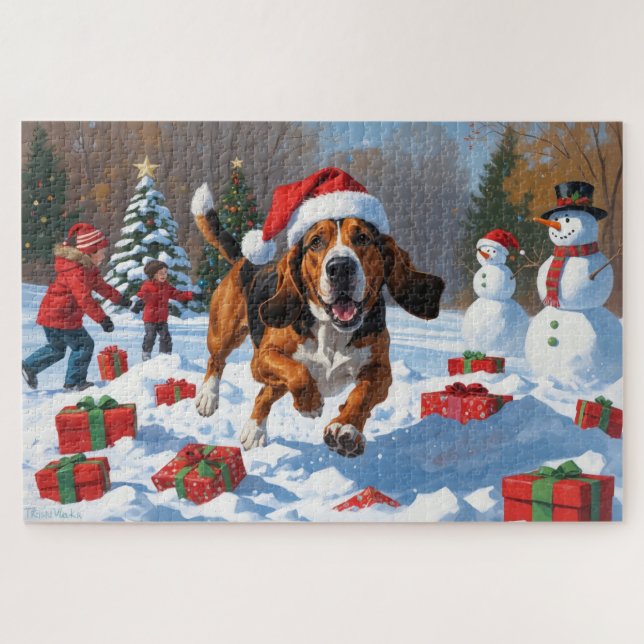 Treten Walker Coonhound Schnee mit Weihnachtshut (Horizontal)