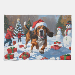Treten Walker Coonhound Schnee mit Weihnachtshut Geschirrtuch