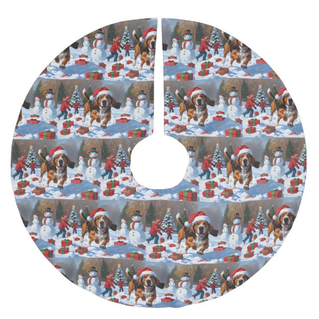 Treten Walker Coonhound Schnee mit Weihnachtshut Polyester Weihnachtsbaumdecke (Vorderseite)