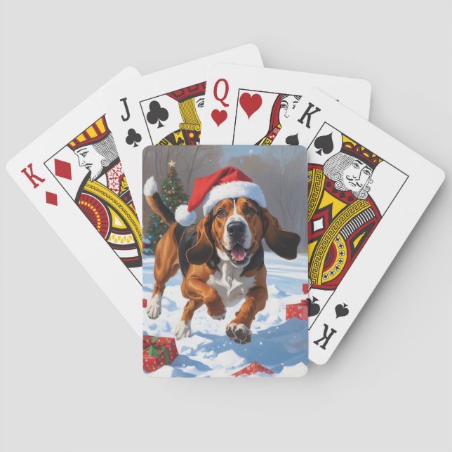 Treten Walker Coonhound Schnee mit Weihnachtshut Spielkarten (Rückseite)