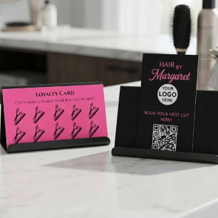 Treuekarte QR-Code-Logo Rosa Schwarz Friseursalon Visitenkarte
