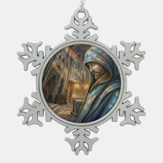 Treuherzige priesterliche Gebetsreflexion unter Li Schneeflocken Zinn-Ornament