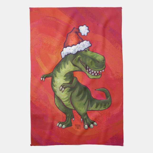 TRex Dino in der Weihnachtsmannmütze auf Rot Handtuch (Vertikal)