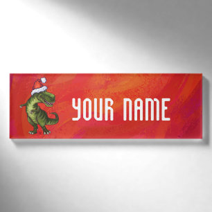TRex Dino in Weihnachtsmannmütze auf Rot Namenschild