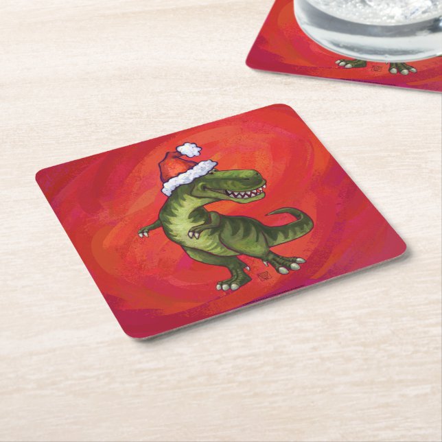 TRex Dino in Weihnachtsmannmütze auf Rot Rechteckiger Pappuntersetzer (angewinkelt)