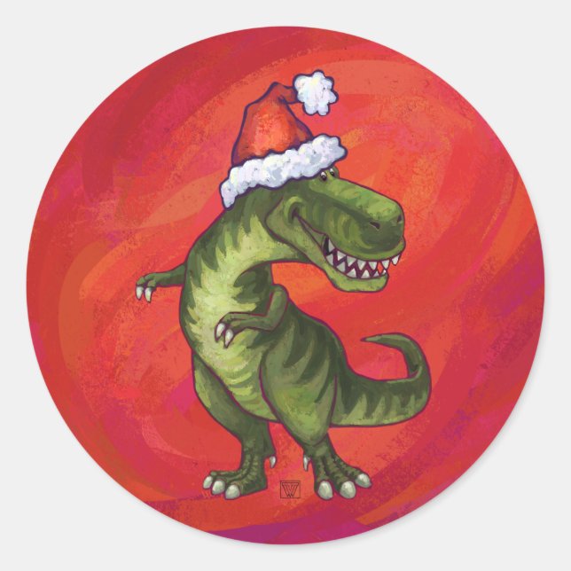 TRex Dino in Weihnachtsmannmütze auf Rot Runder Aufkleber (Vorderseite)