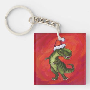 TRex Dino in Weihnachtsmannmütze auf Rot Schlüsselanhänger