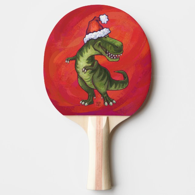 TRex Dino in Weihnachtsmannmütze auf Rot Tischtennis Schläger (Vorderseite)