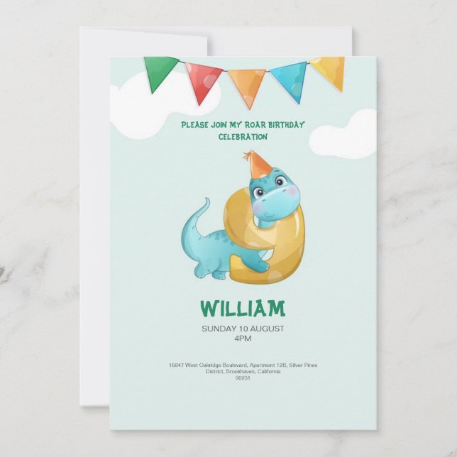 TREX Dinosaur 9. Geburtstagsparty Einladung (Vorderseite)
