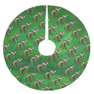 TRex in Weihnachtsmannmütze auf Grün Polyester Weihnachtsbaumdecke