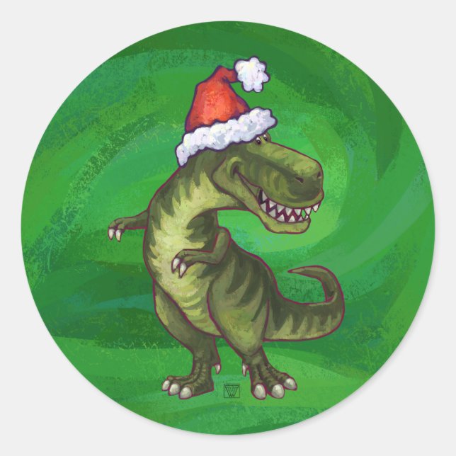 TRex in Weihnachtsmannmütze auf Grün Runder Aufkleber (Vorderseite)