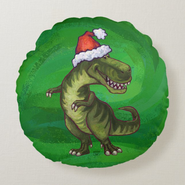 TRex in Weihnachtsmannmütze auf Grün Rundes Kissen (Vorderseite)
