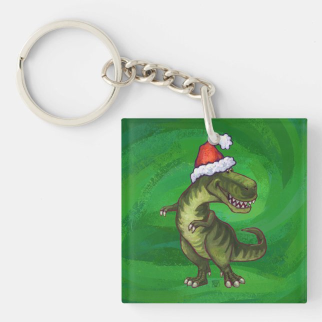 TRex in Weihnachtsmannmütze auf Grün Schlüsselanhänger (Vorderseite)