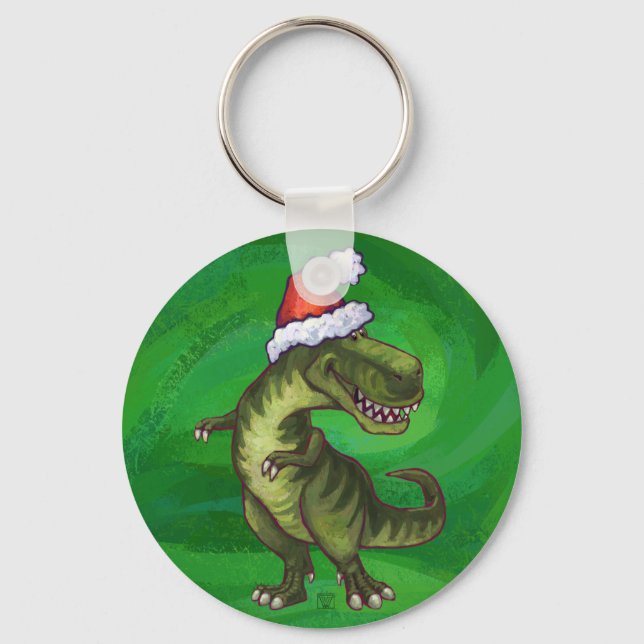 TRex in Weihnachtsmannmütze auf Grün Schlüsselanhänger (Vorderseite)