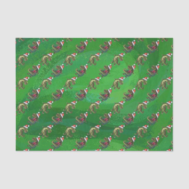 TRex in Weihnachtsmannmütze auf Grün Seidenpapier (Vorderseite)