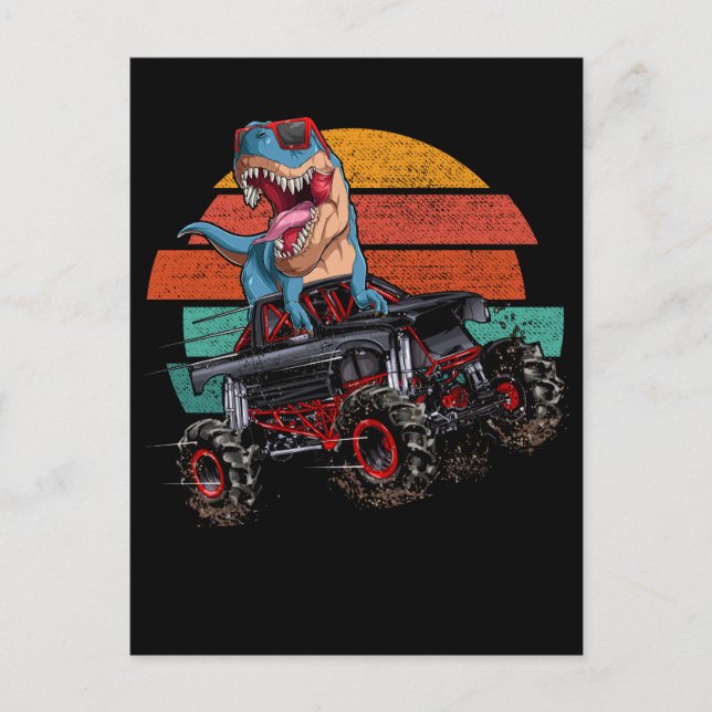Trex Monster Truck Boys Dirt Race Retro Dinosaurie Postkarte (Vorderseite)