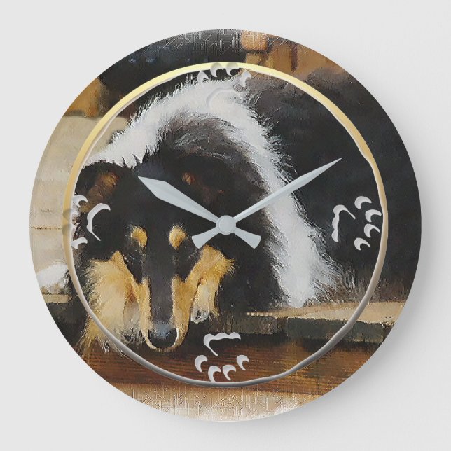 Tri Color Rough Collie Geschenke Große Wanduhr (Vorderseite)
