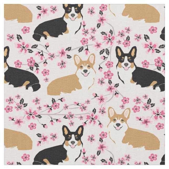 Tri Corgi Hunde Kirschblüten Rosa Stoff (Nahaufnahme)