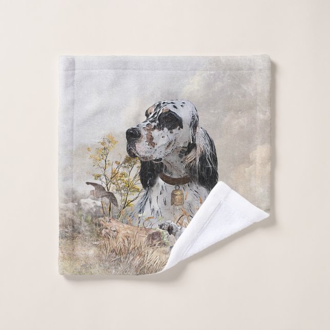Tri Couleur Anglais Setter Art, chasse en bois (Gant de toilette)