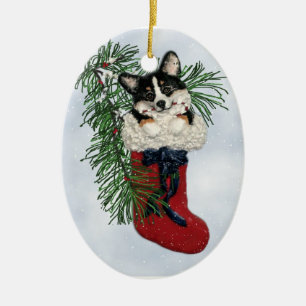 Tri FarbeCorgi in der WeihnachtsStrumpf-Verzierung Keramik Ornament