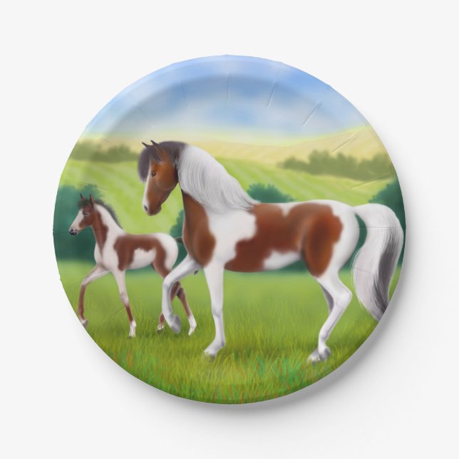Tri Farben-Stuten-und Fohlen-Pferdepapier-Teller Pappteller (Vorderseite)