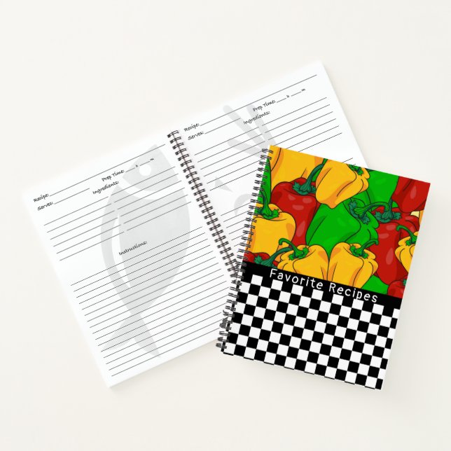 Tri farbige Paprikaschoten und Rezeptur an der Taf Notizbuch (Innenseite)