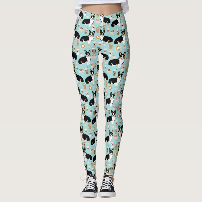 Tri farbiges Corgi-Kaffeemuster - Blau Leggings (Vorderseite)