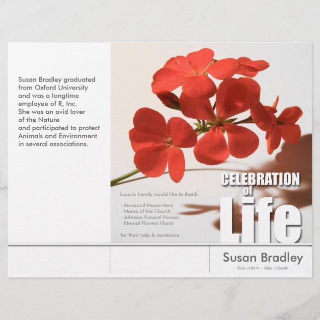 Tri-Fold Geranium Memorial Service Program Flyers (Devant)