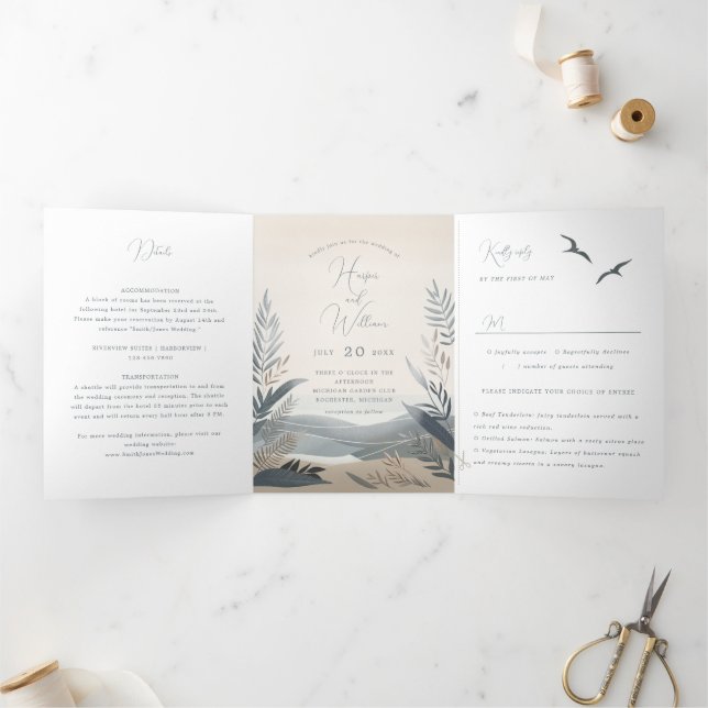 Tri-Fold Wedding, neuer Küstenstrand Dreifach Gefaltete Einladung (Innenseite)
