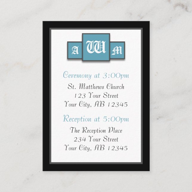 Tri-Monogram Blue Modern Guest Reference Cards Begleitkarte (Vorderseite)