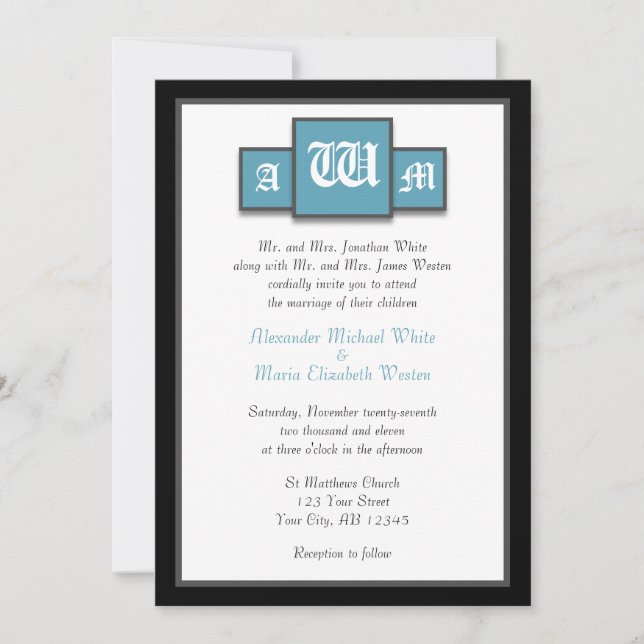 Tri-Monogram Blue Modern Wedding Einladungen (Vorderseite)